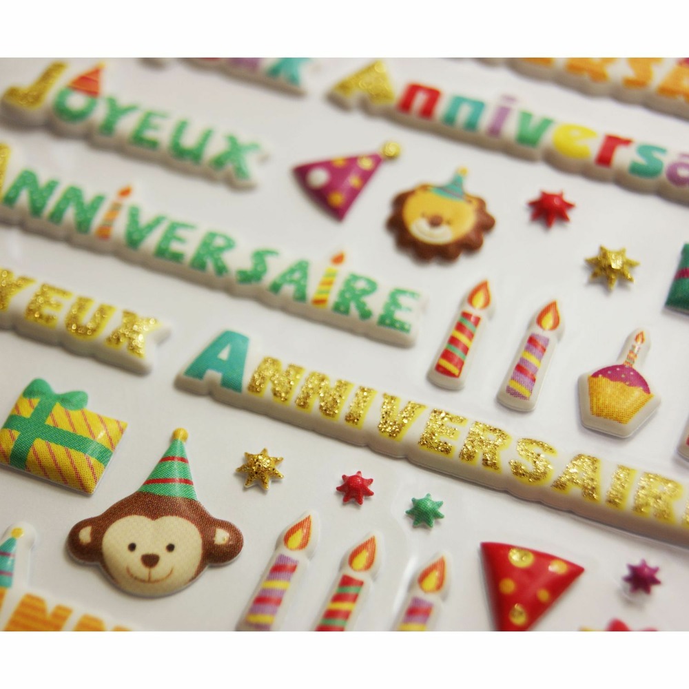 Autocollants réutilisables - relief 3d - 'joyeux anniversaire' - paillettes dorées