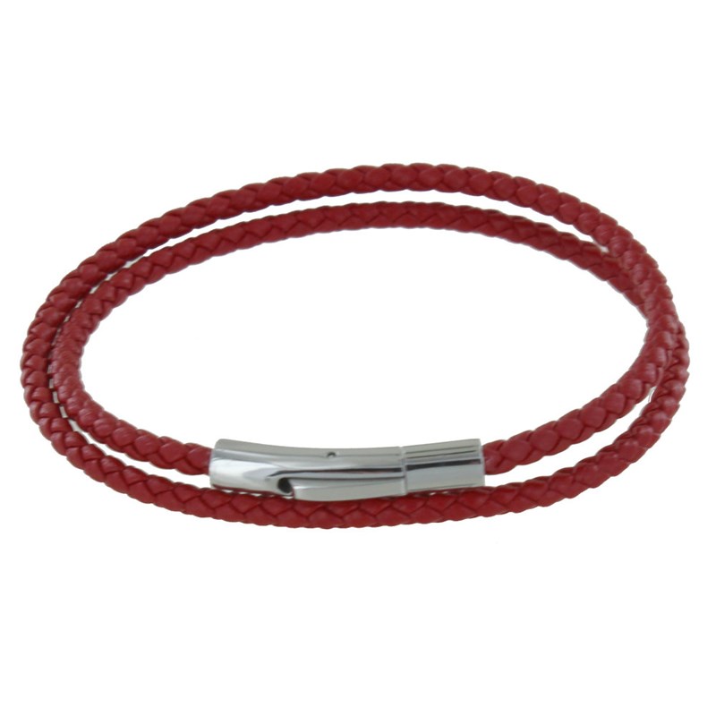 Bracelet Homme Double Tour Cuir Tréssé Rond pour Poignet 19cm - Rouge