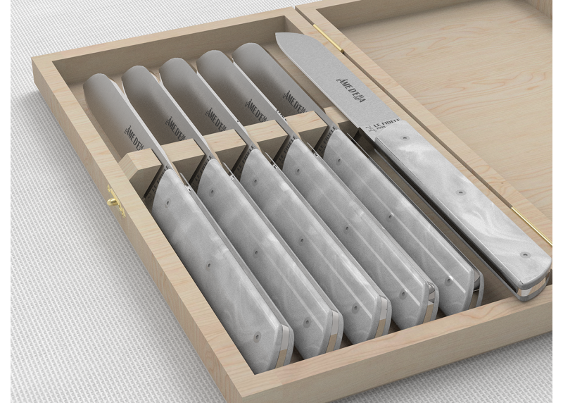 Service de 6 couteaux de table avec un manche en Madreperlato Blanc et lame en acier inoxidable