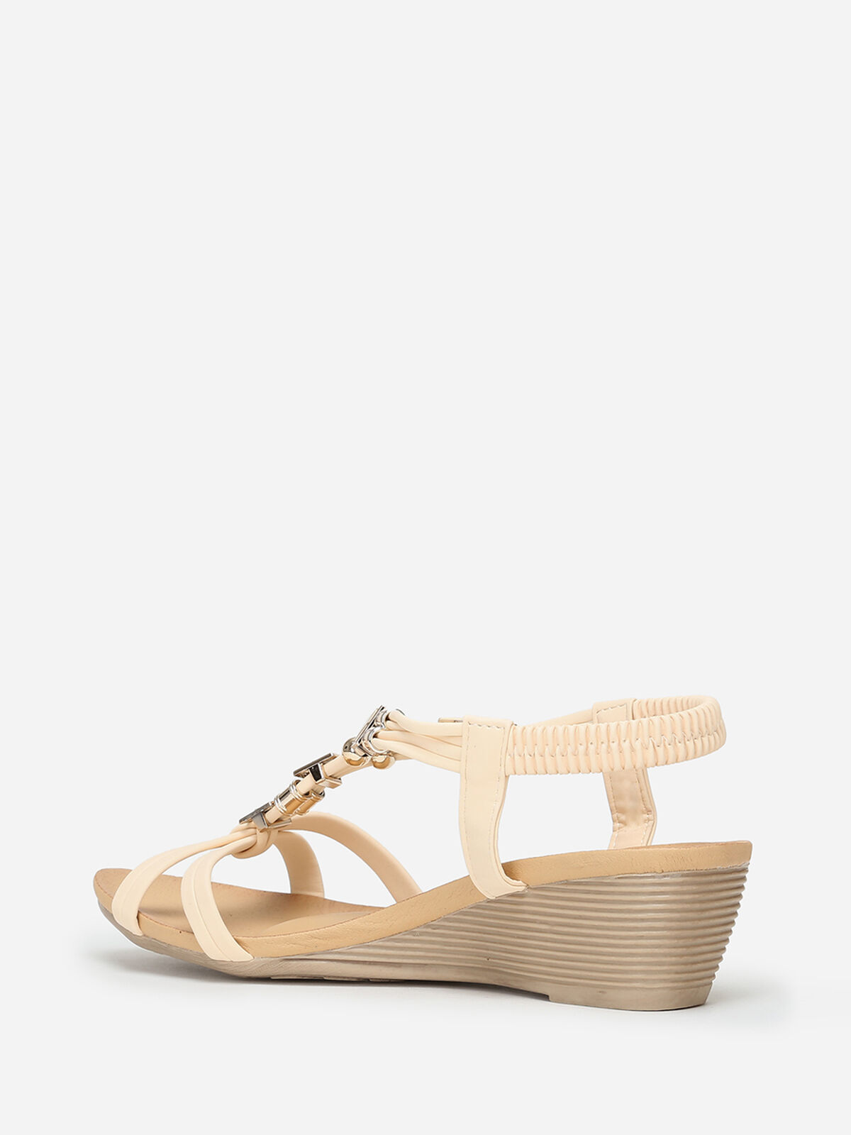 Sandales compensées à brides perles et strass- Beige