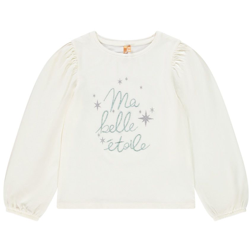 T-shirt manches longues ballon et broderie pailletée pour fille - Ecru