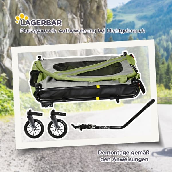 2-i-1 hundehenger & hundevogn, hundesykkelhenger, hundevogn med reflekser for mellomstore hunder opptil 20 kg, Oxford-stoff, grønn