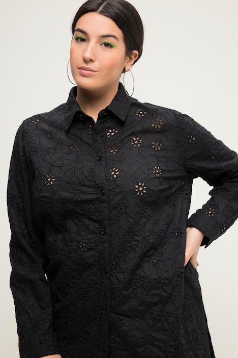 Hemdbluse, Boxy Shape, Lochstickerei, Hemdkragen, Langarm