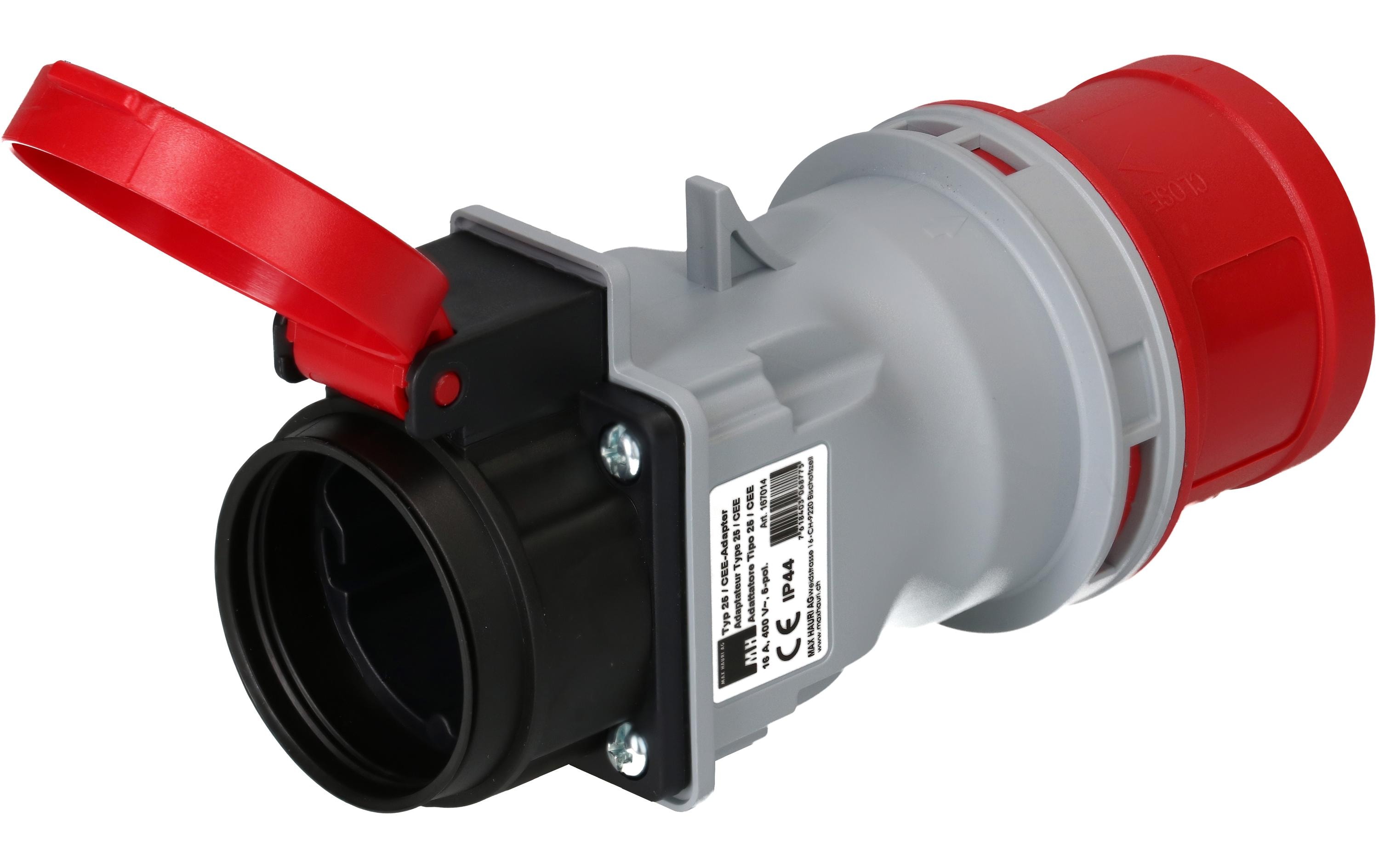 Adapterstecker CEE16/5 - T25, Rot/GrauAdapter CEE-Stecker IP44 auf Steckdose Typ 25 IP55 mit Klappdeckel