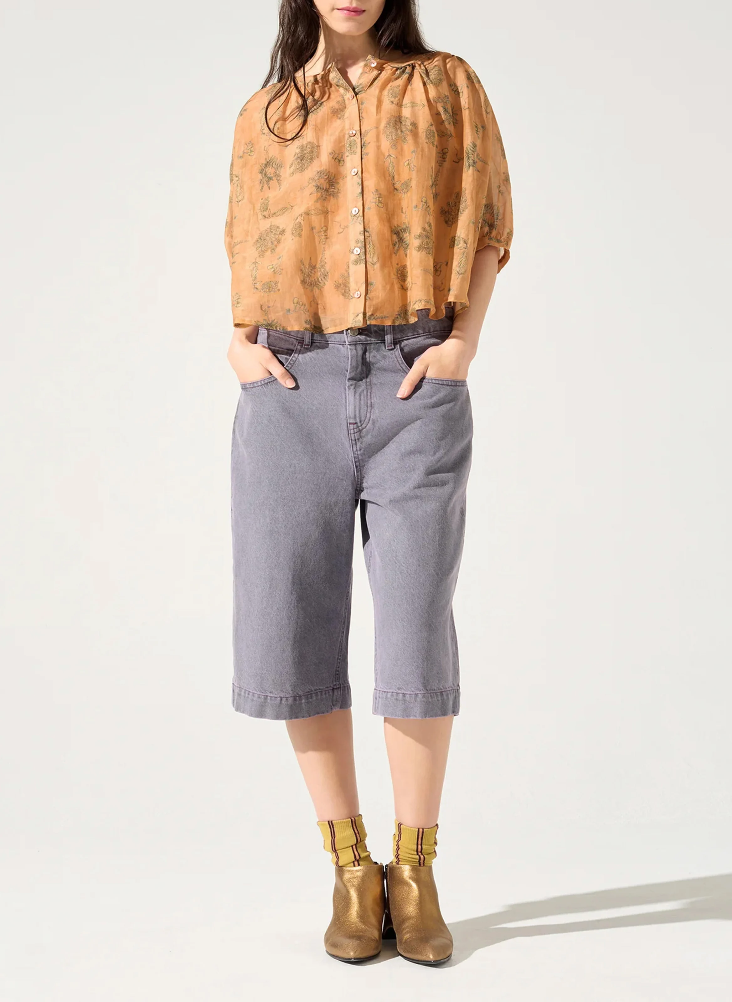 Blouse col rond en coton et soie | Orange