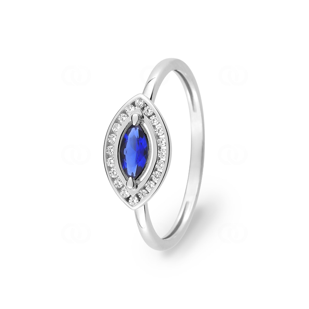Damenring 750/18 K Weissgold mit Saphir Marquise und Zirkonia