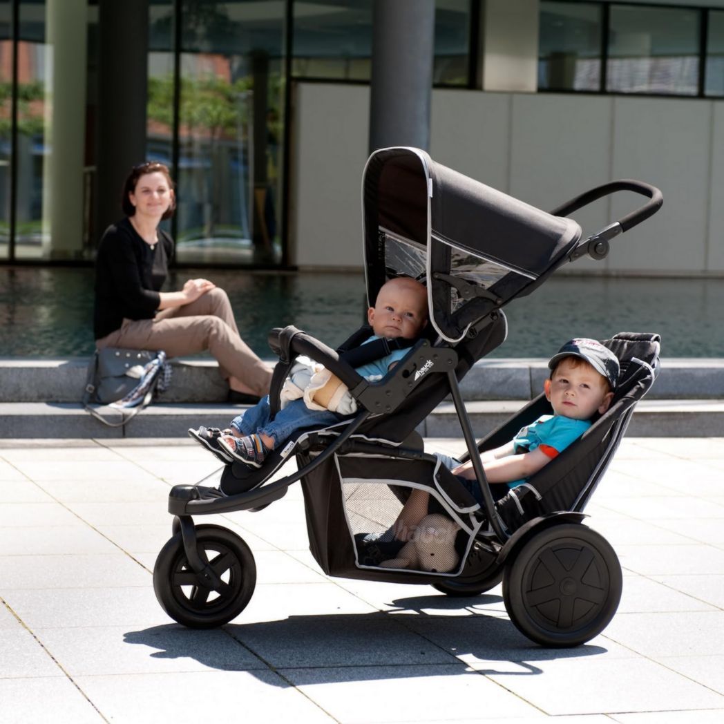 Poussette double Hauck Freerider à 3 roues - Tandem 2 enfants - Hauteur réglable, pliable, habillage pluie inclus, siège bas amovible - Noir