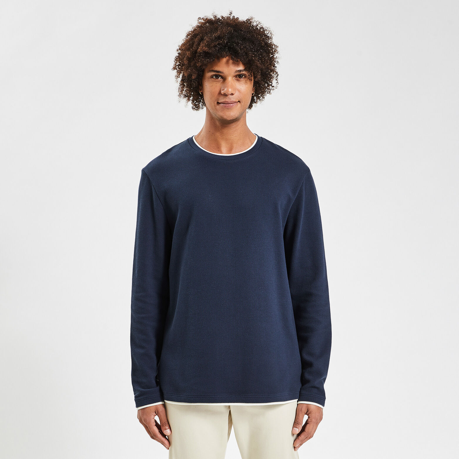 Tee shirt double col matière fantaisie Bleu foncé