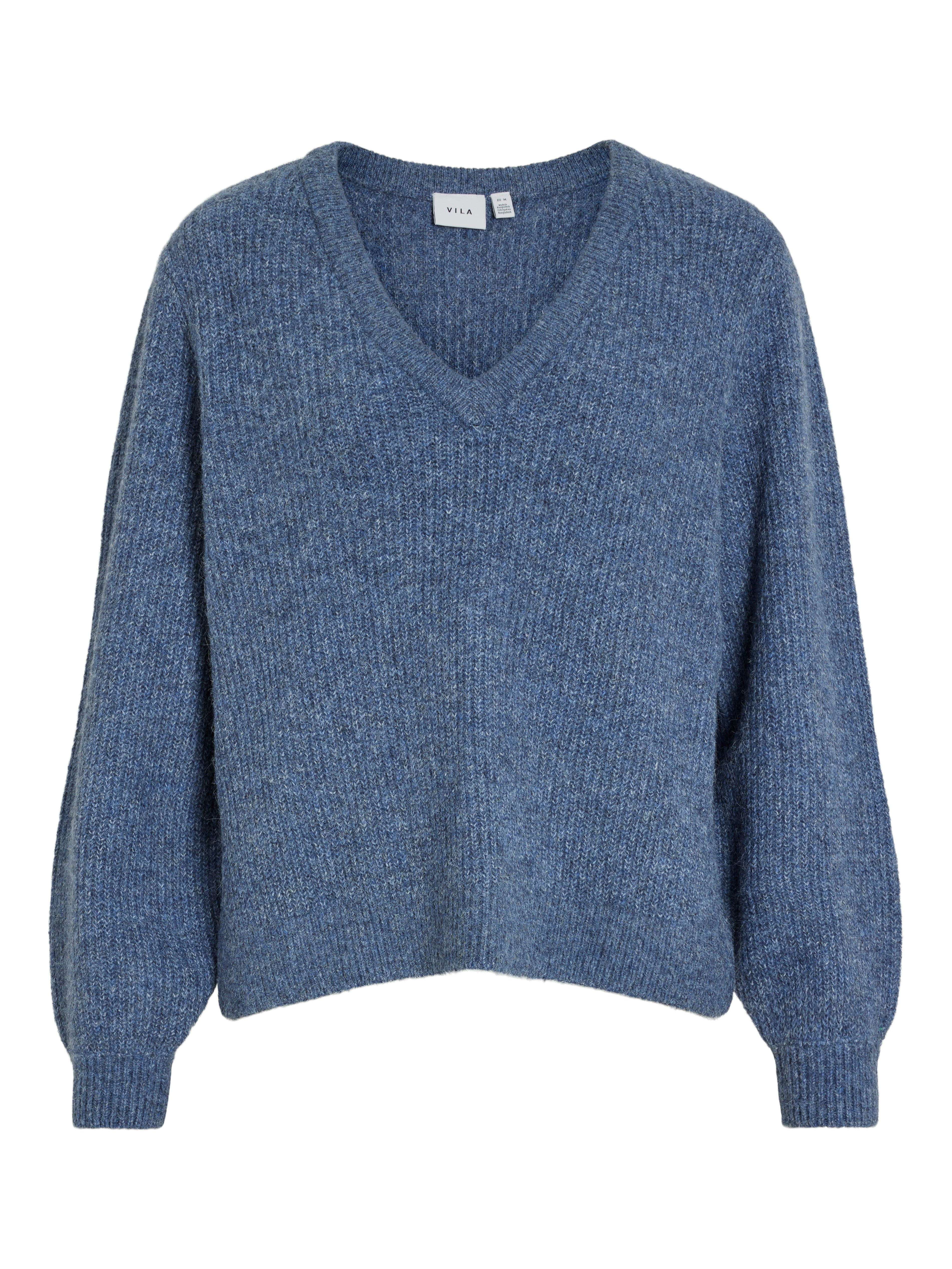 Vila  Vibeluna V-neck Rev L/S striktrøje - Bijou Blue