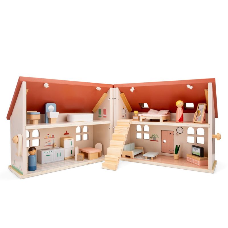 New Classic Toys Bærbart Dukkehus i Tre med Figurer og Møbler
