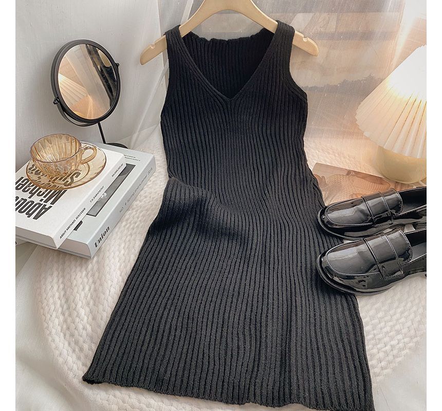 DIYI - V-hals effen slim-fit gebreide jurk