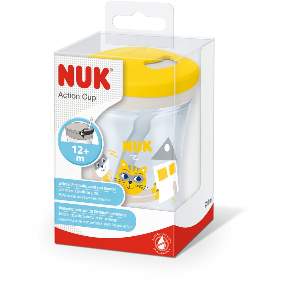NUK Trinklernbecher Action Cup weicher Trinkhalm, auslaufsicher ab 12 Monaten gelb