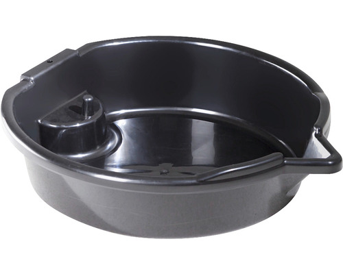 Ronde open opvangbak voor afvalolie en koelvloeistof met schenktuit en plank, 8 liter, zwart