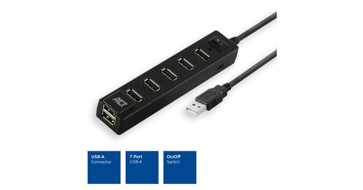 ACT ConnectivityUSB Hub 7 port met aan- en uit schakelaar usb-hub  (Zwart)