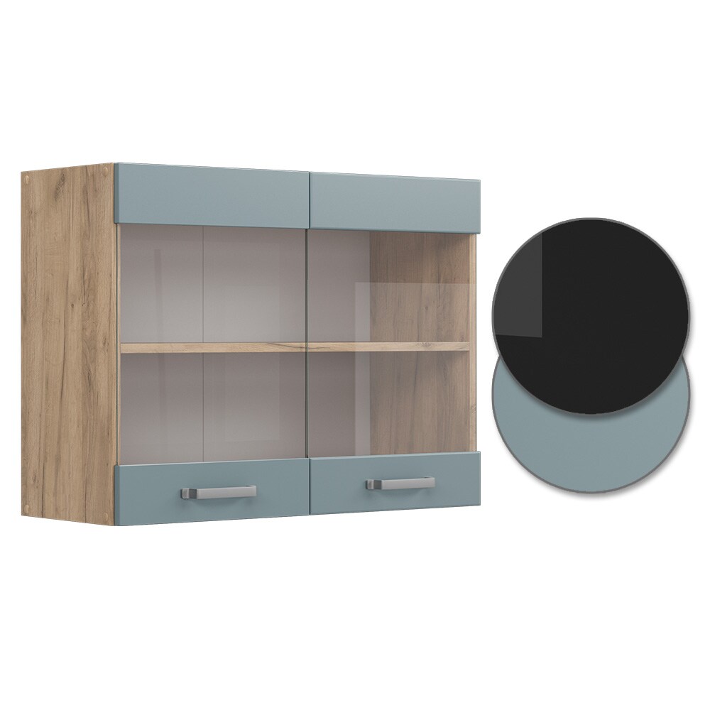 Vicco Glashängeschrank Küchenschrank R-Line Solid Eiche Blau Grau 80 cm modern