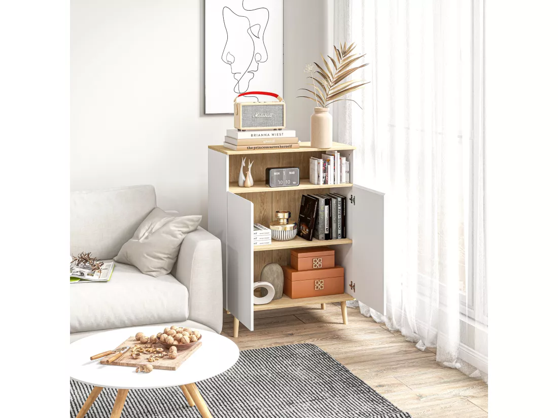 Buffet rangement design scandinave 2 portes étagère niche piètement bois pin panneaux blanc aspect chêne clair