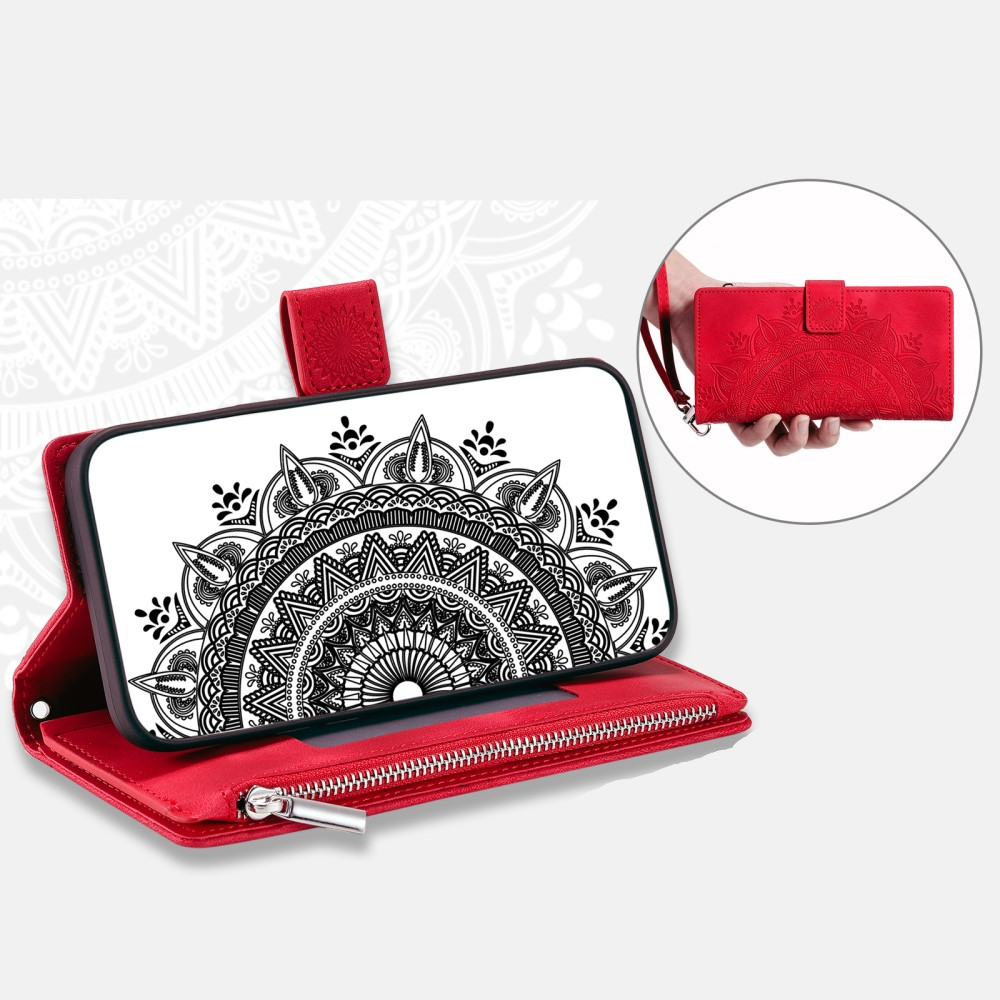Samsung Galaxy A55 Leder Tasche Flip Cover mit Reissverschluss - Mandala Flowers Imprint - Rot
