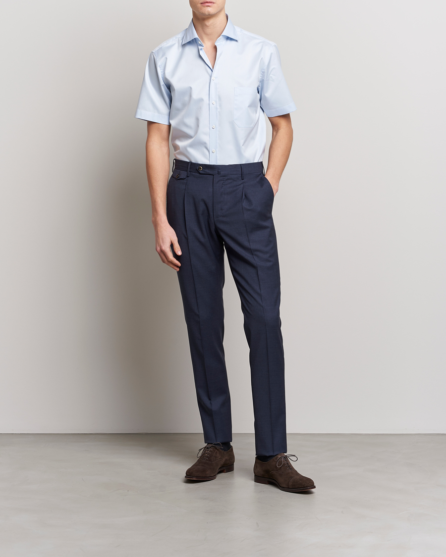 Stenströms Fitted Body Short Sleeve Twill Shirt Light Blue