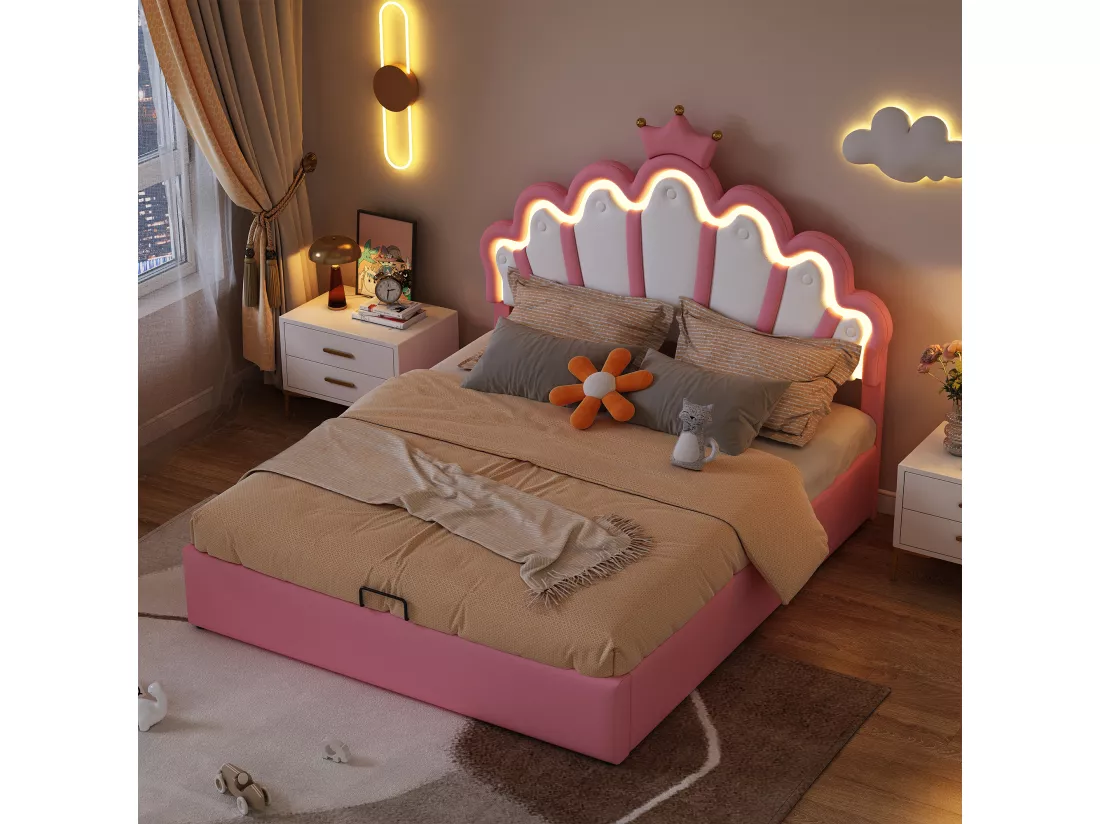 Lit coffre 140 x 200 cm en forme couronne - lit princesse - cuir PU - LEDs - Rose