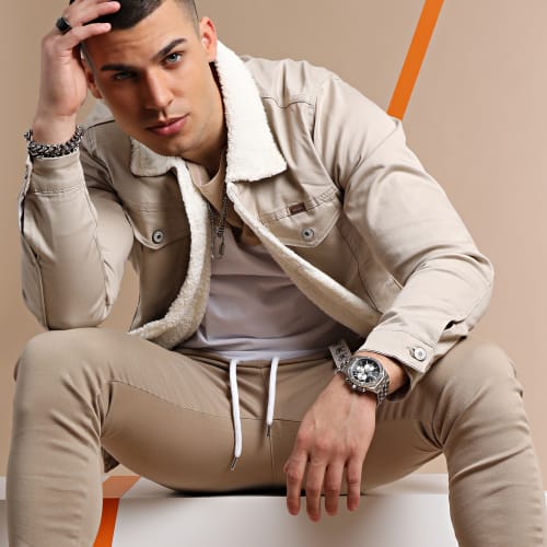 Veste Jean Super Skinny Fit Col Mouton 7001 Beige Clair