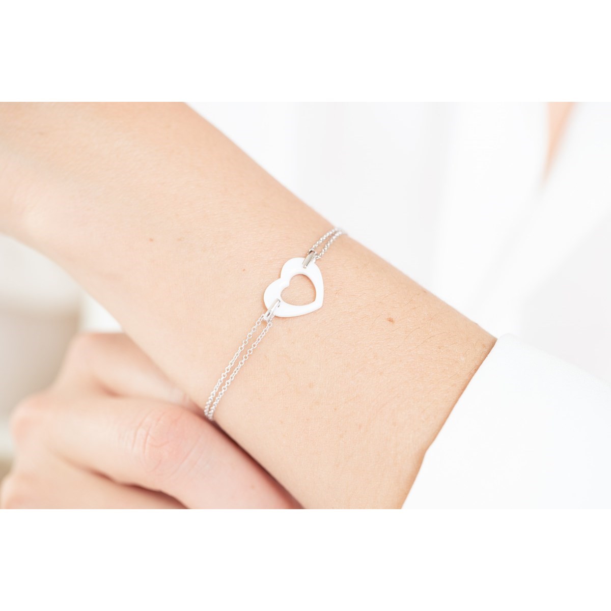 Bracelet souple mono-motif en Argent 925 millièmes et céramique - blanc brillant