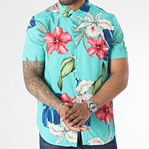 Chemise Manches Courtes Turquoise Floral