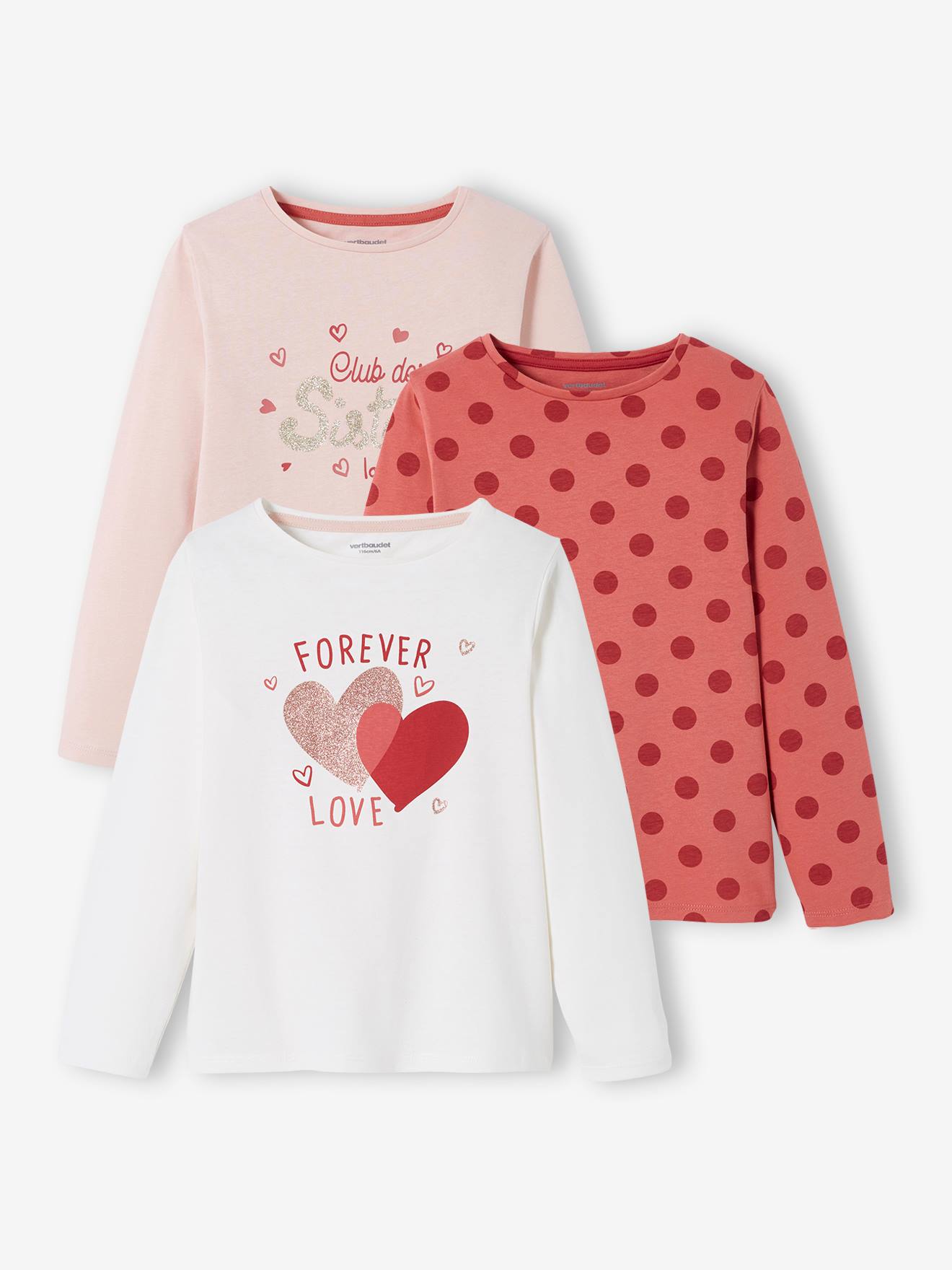 Conjunto de 3 camisetas de manga comprida para meninas, tamanho médio, pretas, bicolor/multicoloridas.