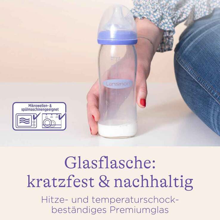 Lansinoh Glas Weithalsflasche 240 ml mit Sauger M, 1 St