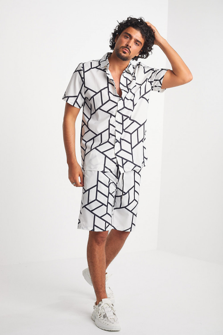 Ensemble 2 pièces chemise + short blanc à motif géométrique