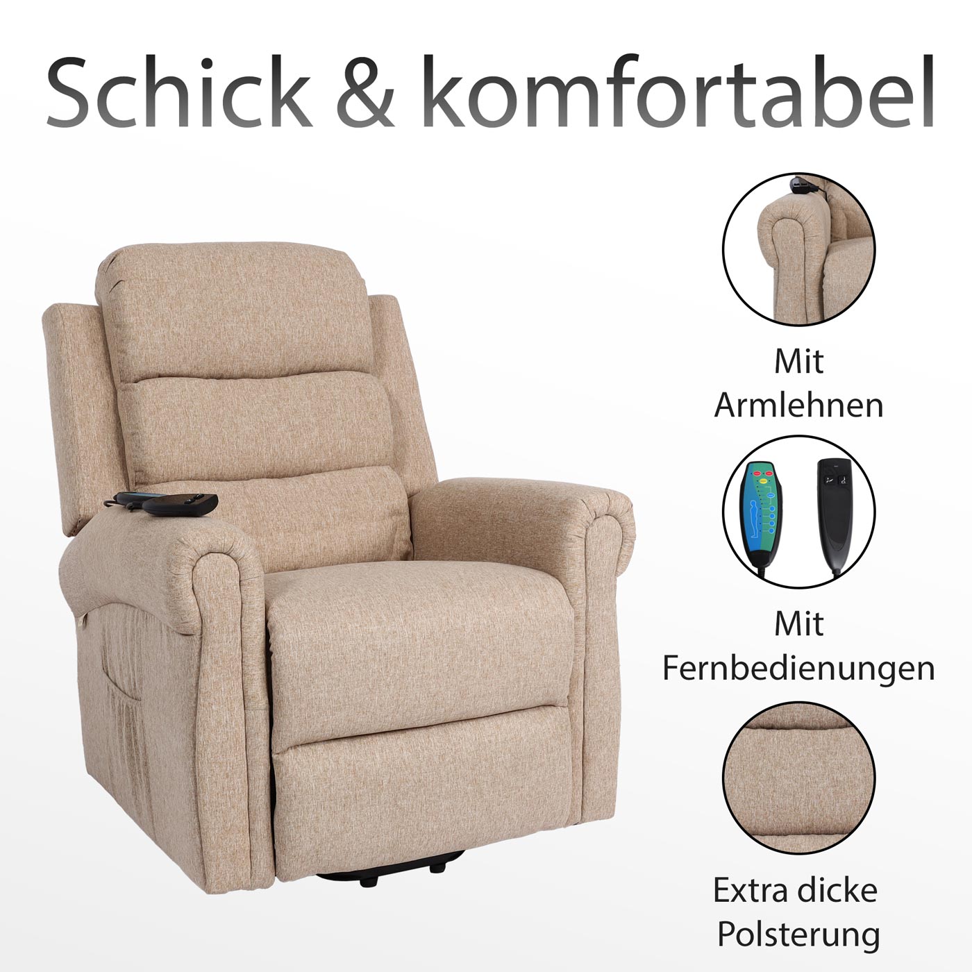 Fernsehsessel MCW-K63, Relaxsessel Sessel, Liegefunktion Aufstehhilfe Massage Heizfunktion, Stoff/Textil ~ hellgrau