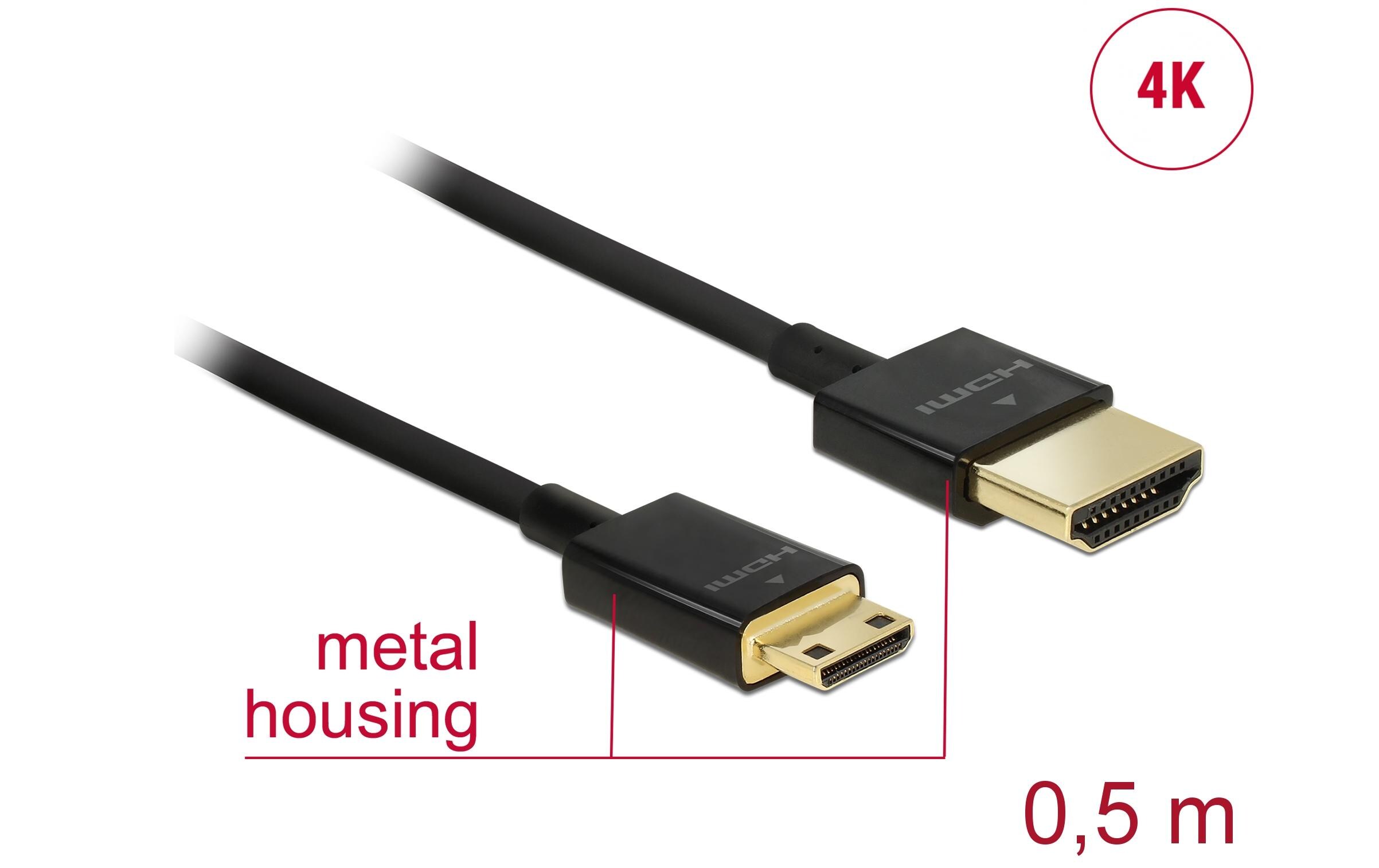 Kabel 4K 60Hz HDMI - Mini-HDMI (HDMI-C), 0.5 m, SchwarzDelock Kabel High Speed HDMI mit Ethernet – HDMI-A Stecker > HDMI Mini-C Stecker 3D 4K 0.25 m Slim High Quality