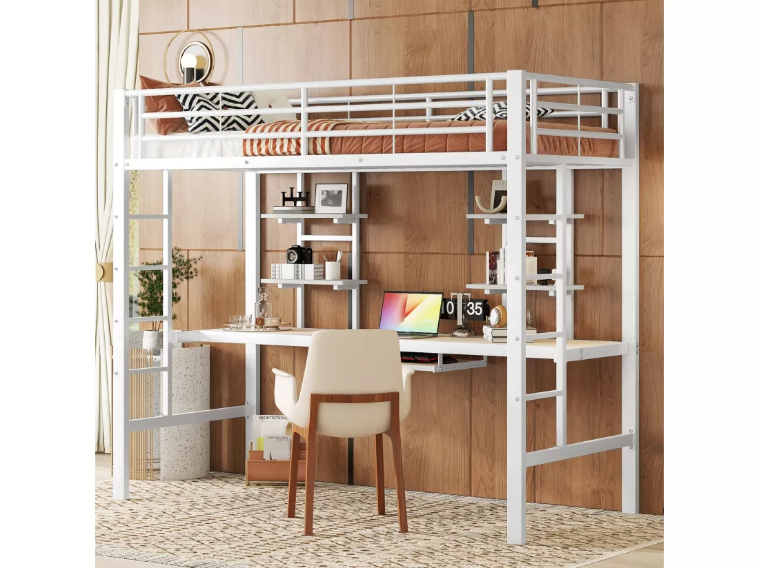 Lit mezzanine 90 x 200 cm avec bureau et 2 étagères - Métal - Sommier à lattes - Blanc (sans matelas)