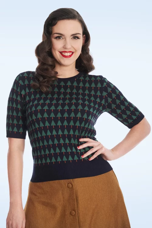 Banned Retro Merry holiday tree trui in marineblauw