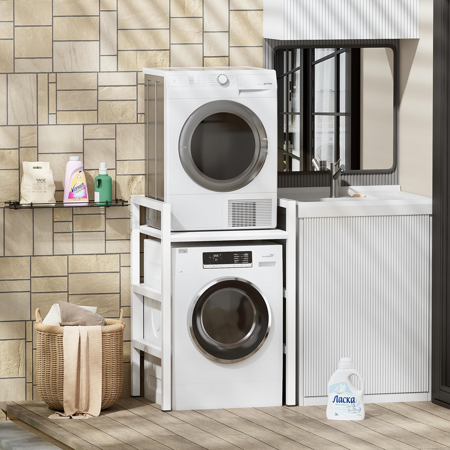 MSFE Meuble étagère de Rangement Dessus Machine à Laver,Kit d'empilage pour Lave-linge et Sèche-linge à Chargement Frontal,3 Hauteurs Réglables,Capacité de Charge de 350kg,73*64*110cm,Produit Breveté