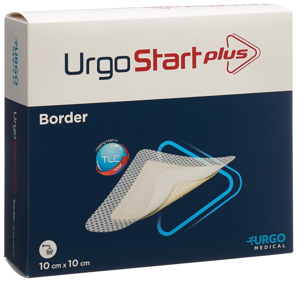 URGOSTART Plus Border Selbsthaftende Polyacrylatwundauflage<br>10 Stück, 10x10cm, mit mikroadhäsiver TLC-NOSF-Wundheilungsmatrix