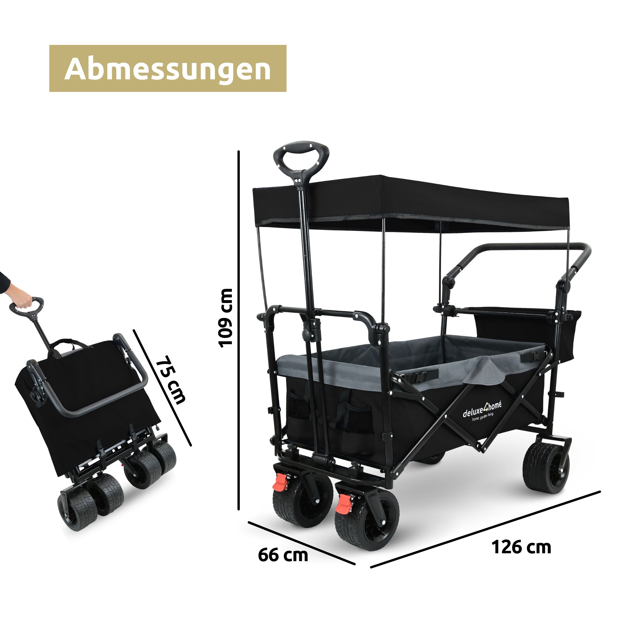 deluxe4home® Bollerwagen faltbar mit Breiten Reifen und Dach | Schwarz/Grau