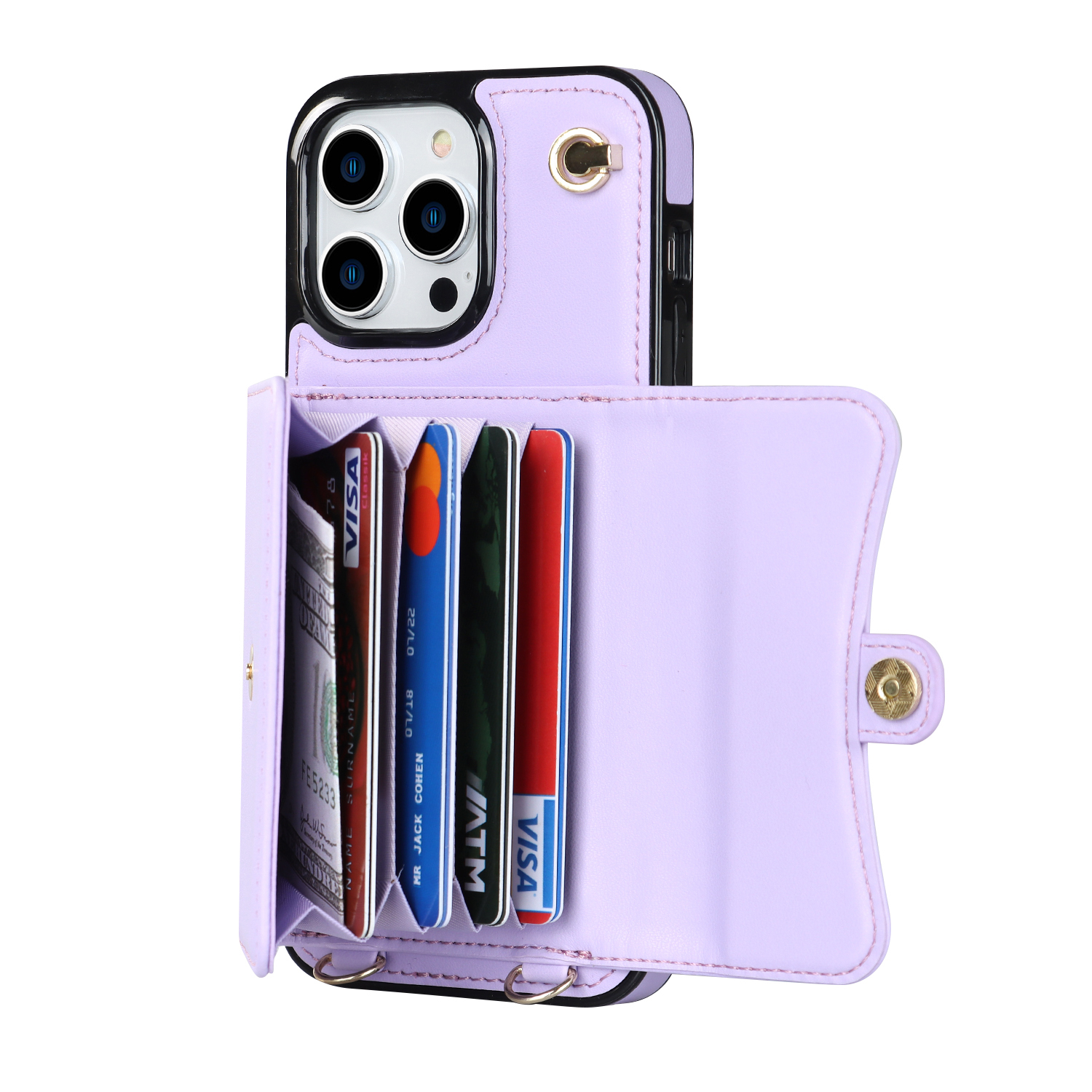 iPhone 12 / iPhone 12 Pro Necklace Leder Schutz Hülle mit Kartenfach   Handykette (140cm) - Lila