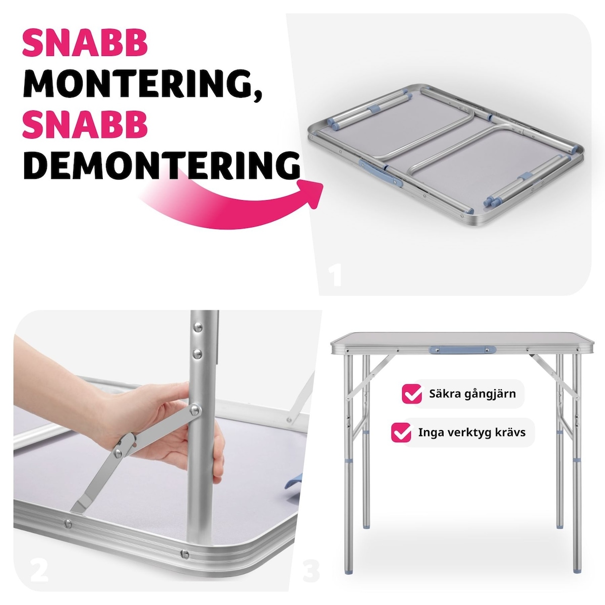 Aluminium sammenleggbart campingbord 75x55x68cm - grå