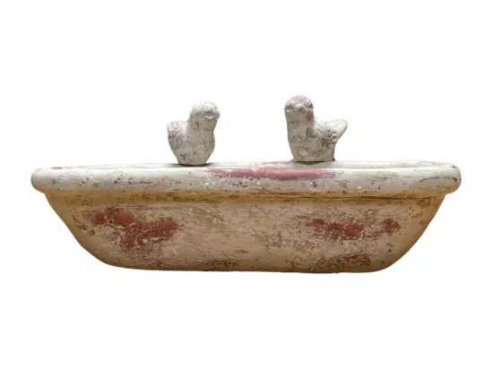 Bain oiseaux jardin extérieur ancien béton beige vieilli 32.5x16.5cm