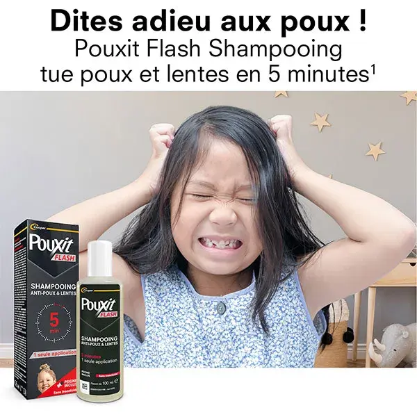 Shampoo Pouxit Flash - Tratamento antipiolhos e lêndeas. Age em 5 minutos. Embalagem com 2 unidades de 100 ml.