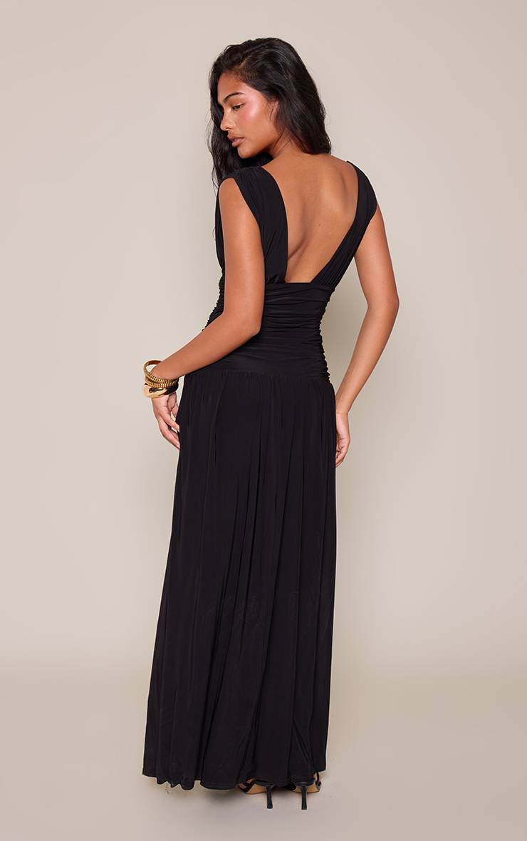 Noir Robe Maxi Longue Sans Manches À Décolleté Plongeant En Jersey Double Épaisseur