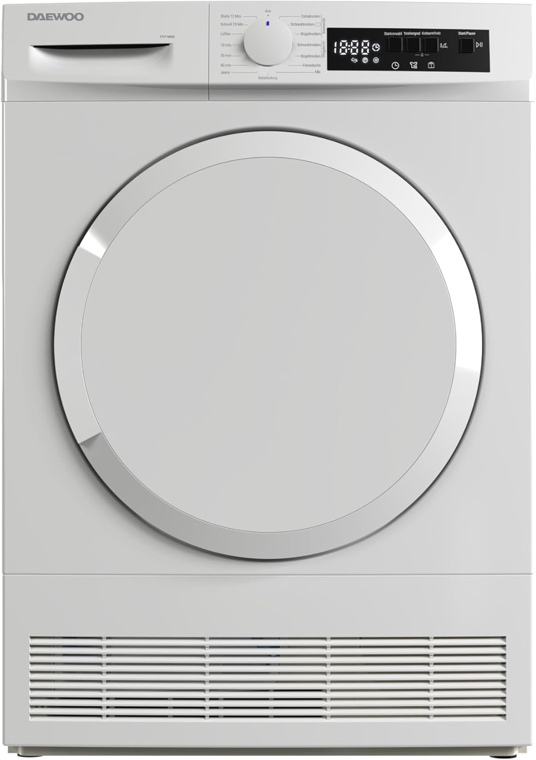 Daewoo T7CT1W0DE Kondenstrockner Frontlader, G, 7 kg, 15 Programme mit 29 Min.-Kurzprogramm, Startzeitvorwahl, LED-Trommelbeleuchtung, Weiß