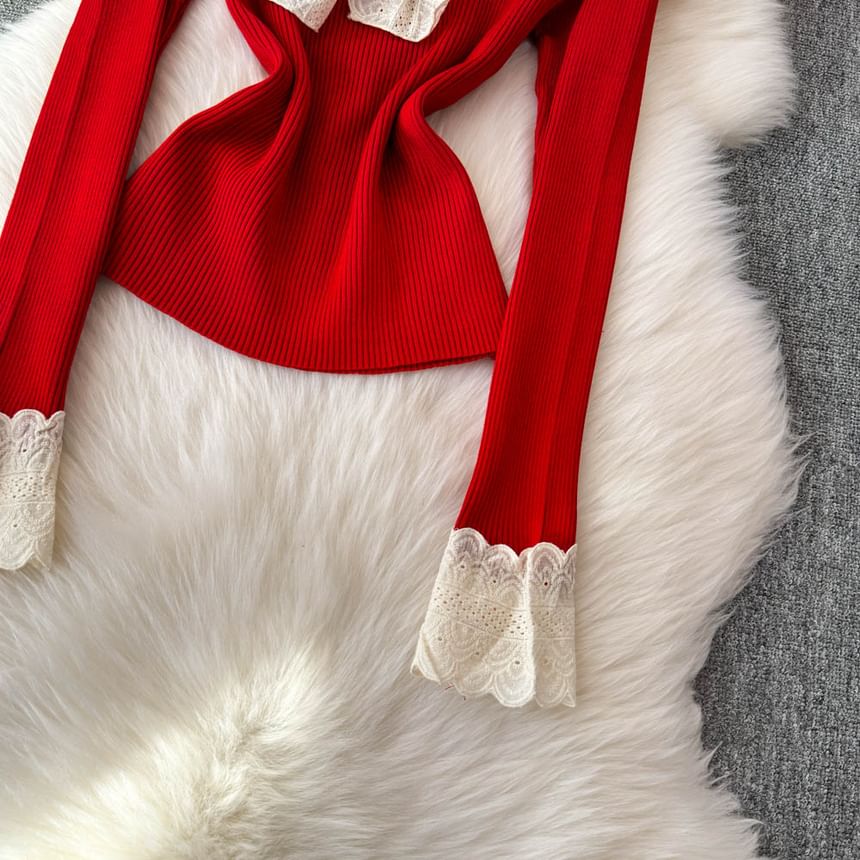 Yearnin - Set: lange mouwen, effen gebreide top met lintaccent + hoge taille mini-plooirok