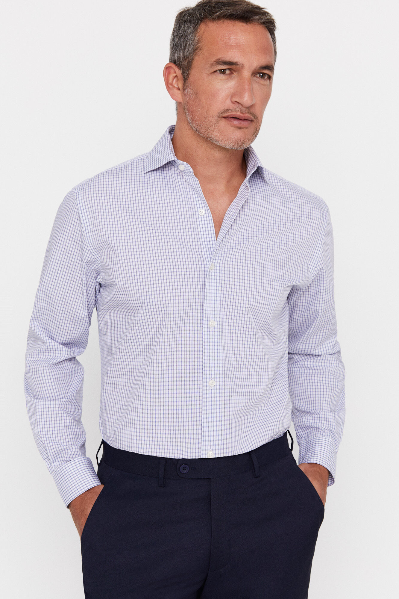 Camisa social xadrez de fácil passar, modelagem clássica - Azul