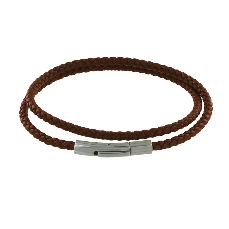 Bracelet Femme Double Tour Cuir Tréssé Rond pour Poignet de 18cm - Marron foncé