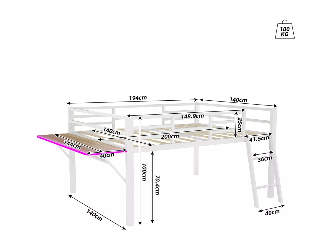 Lit mezzanine 140x200cm en métal avec LED - avec bureau abattant et sommier à lattes - Blanc