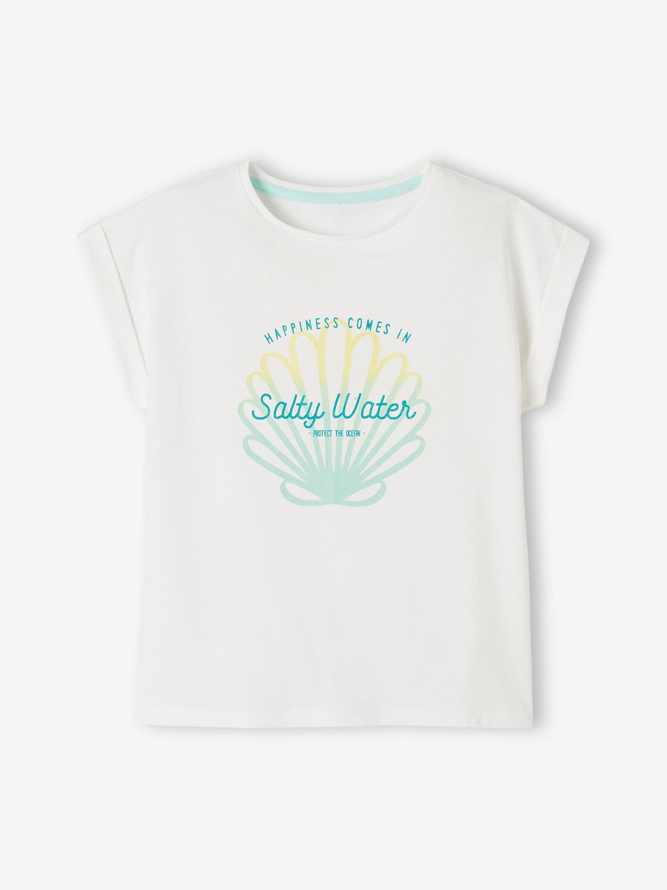 Camiseta feminina com estampa iridescente de conchas. Lisa, branca clara com detalhes.