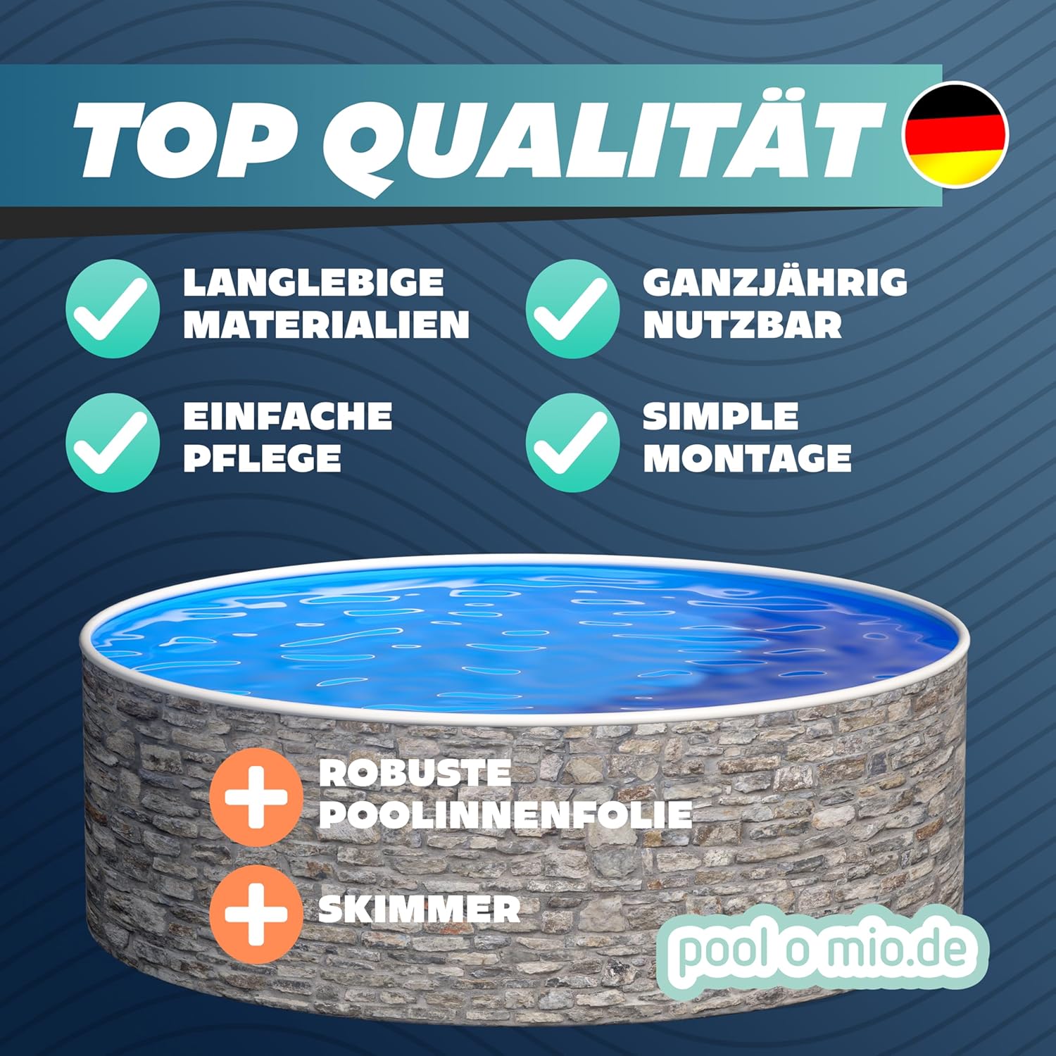poolomio® Stahlwandpool rund 460 x 120 cm Steinoptik | Robuster Gartenpool als Aufstellbecken oder Einbaupool | Aufstellpool Komplettset mit Innenfolie 0,5 mm, Skimmer & Einlaufdüse