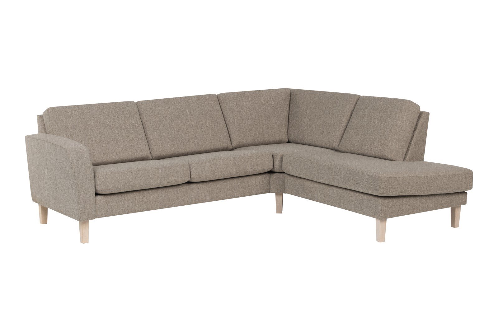 Slogen hjørnesofa Oppsett AH. 2,5-seter med åpen ende høyre. Tekstil Viva Earth med standard ryggpute. Vange A og hvitpigmentert ben 178.