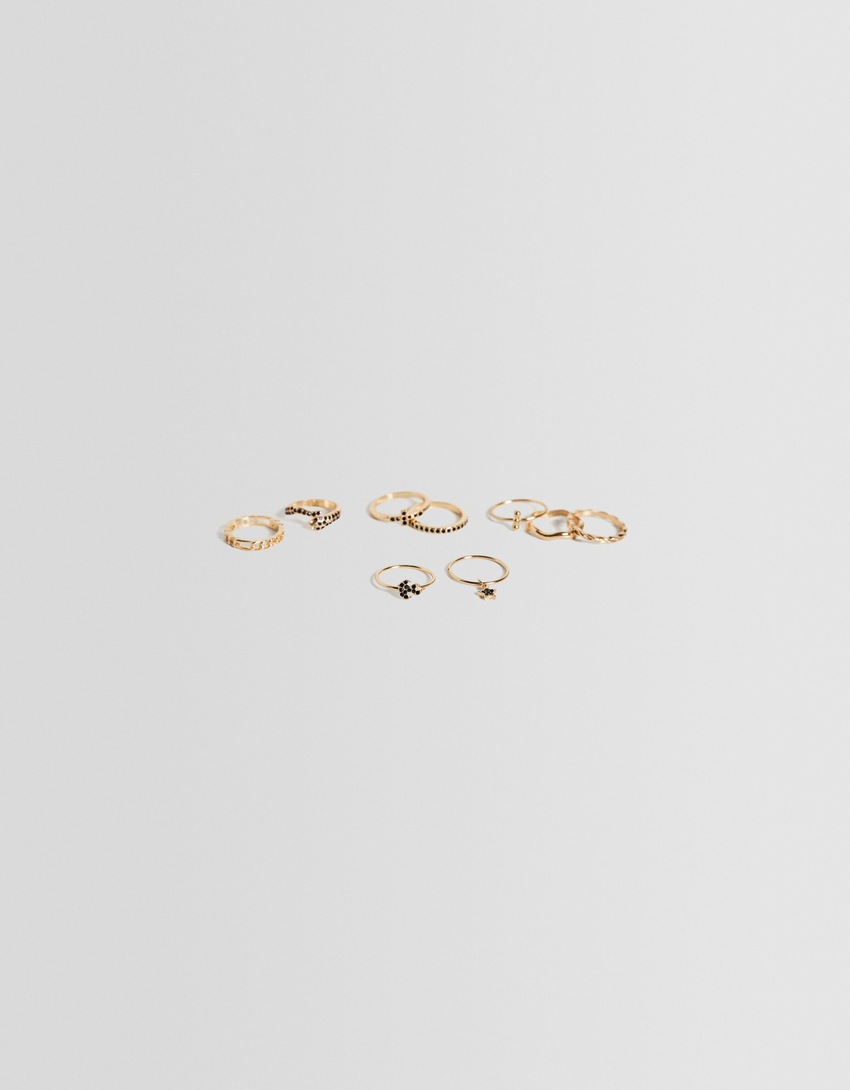 Conjunto de 9 anéis de cruz e cobra com strass